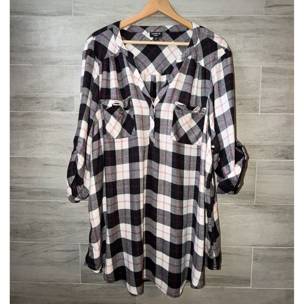 Torrid Harper Plaid Pullover Flannel Tunic Blouse Women's Size 3X Black Cream